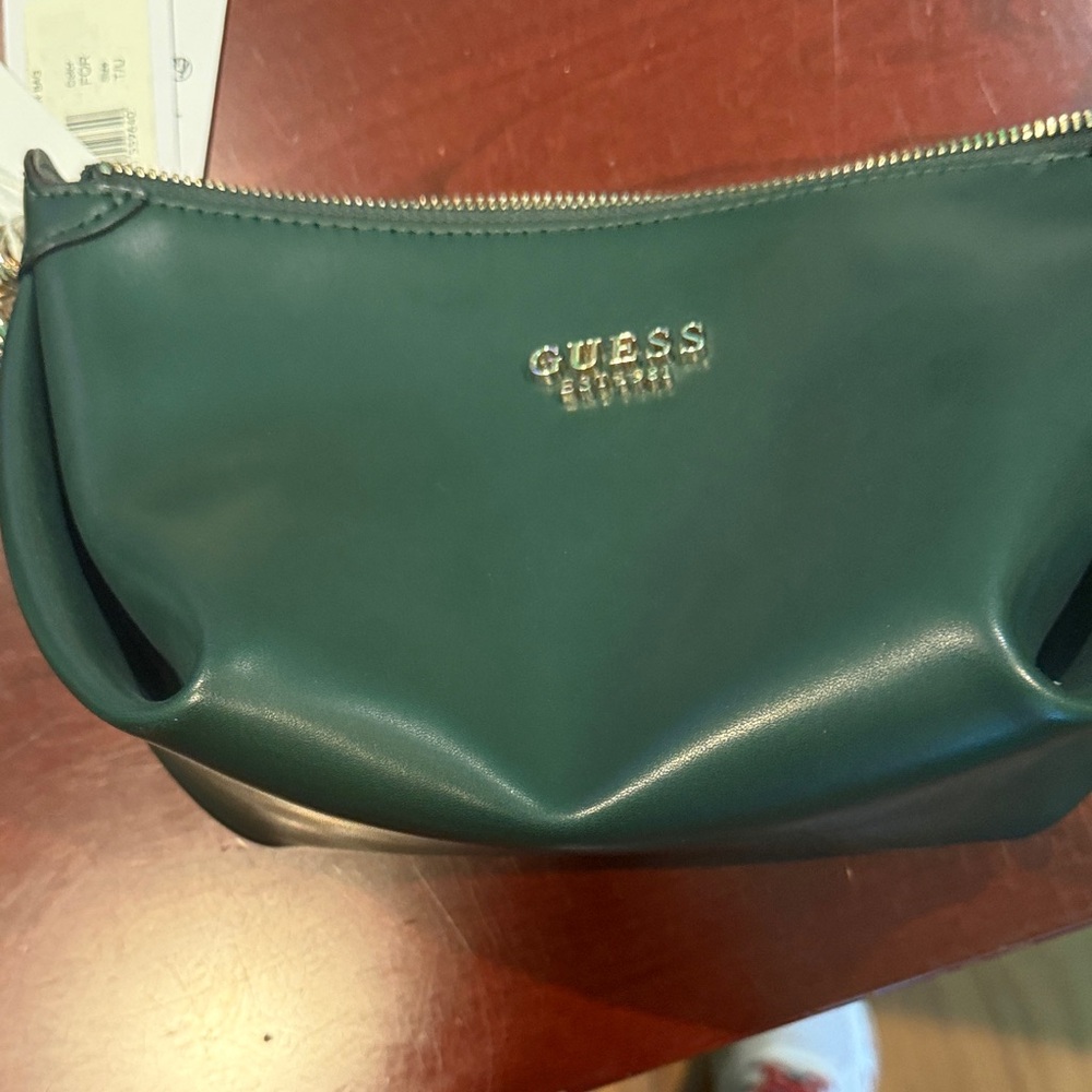 GUESS Dark Green Women's Zip Cosmetic Pouch with Gold Logo